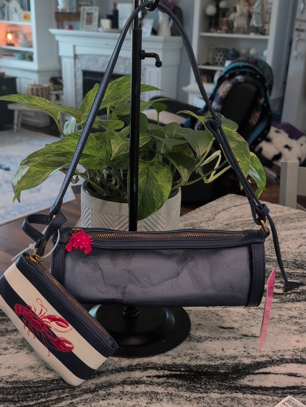 Betsey Johnson Mesh Cylinder Shoulder Bag with Striped Lobster Wristlet
